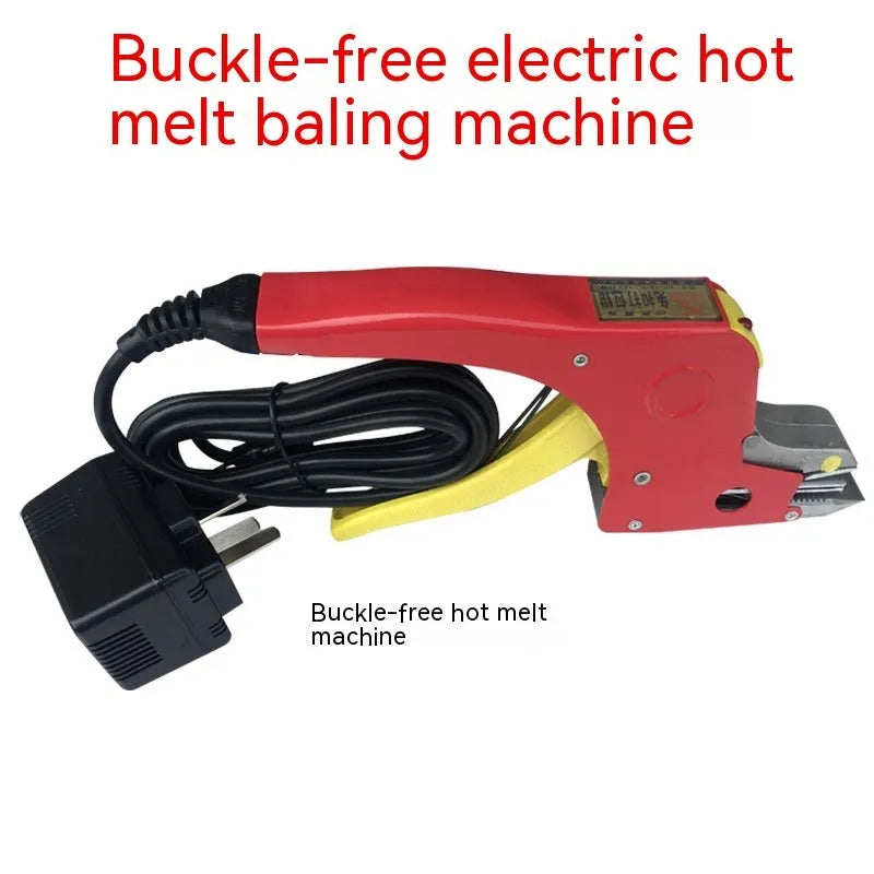 Electric hot melt packing machine suit with plastic steel tensioner and yellow packaging tape
