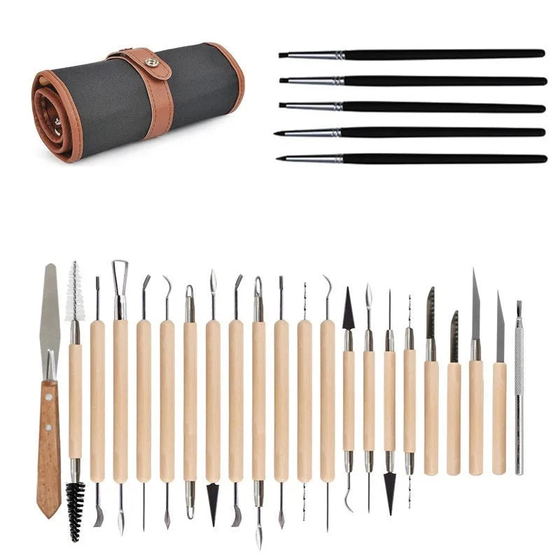 Brown 27-piece pottery tool set with stainless steel, wood, and plastic tools and a rolling tool, packed in an OPP bag.