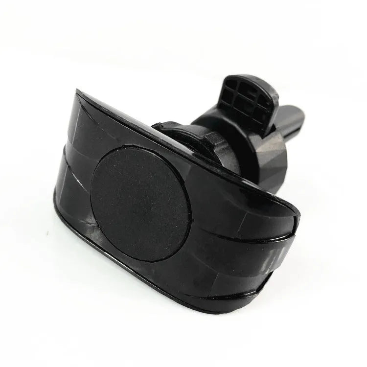Black car phone holder clipped to car air vent with adjustable arms gripping a smartphone
