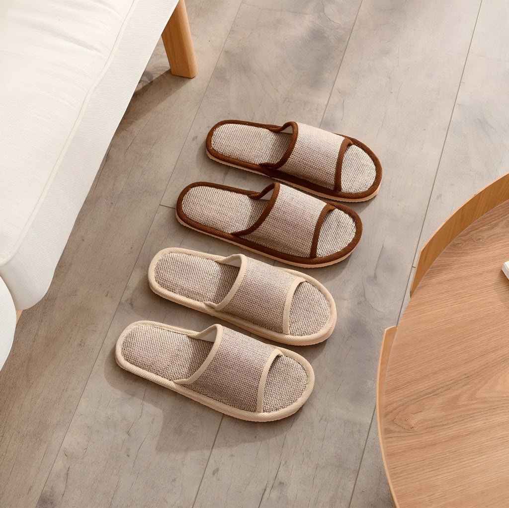 Women's open toe linen slippers with thickened sole, shown in a light brown colour variant