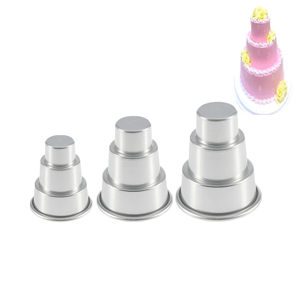 Set of three silver aluminium alloy cake moulds in large, medium, and small sizes for baking.