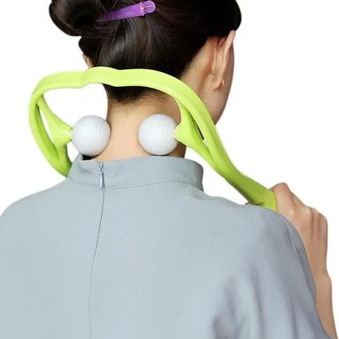 Blue plastic hand roller neck massager with adjustable stand on a white background.