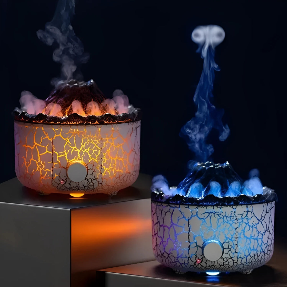Volcano humidifier with LED flame and jellyfish mist effect, 0.5-1L tank, remote control, plug-in ultrasonic diffuser