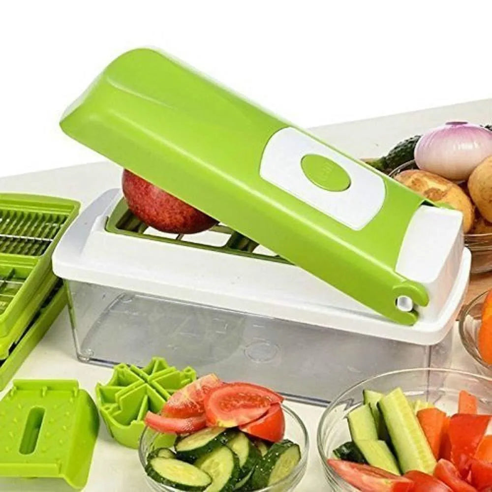 Green ABS plastic vegetable chopper with stainless steel blades and 12 kitchen accessories for manual food preparation