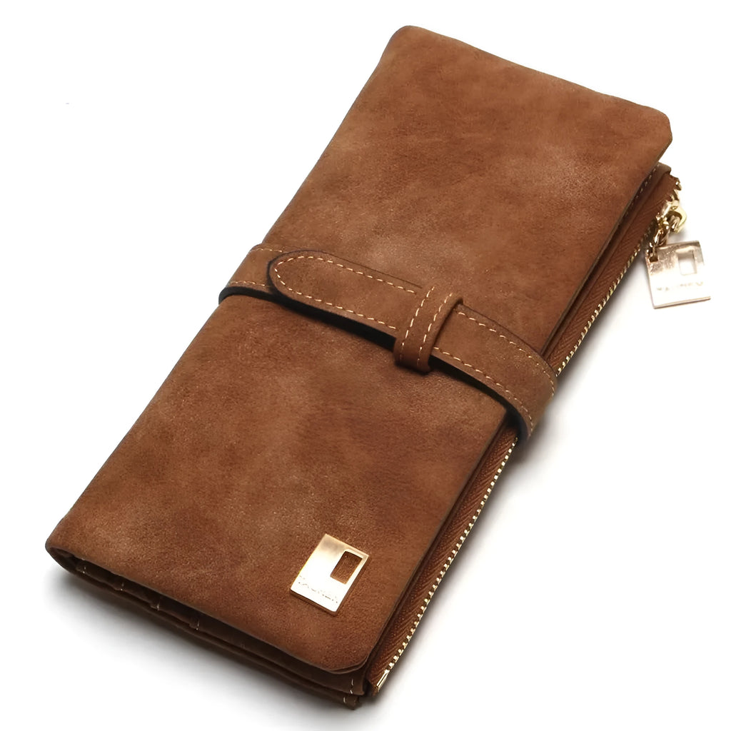 Women's vintage-style long wallet in matte PU leather with zip, shown open revealing card slots and coin purse.
