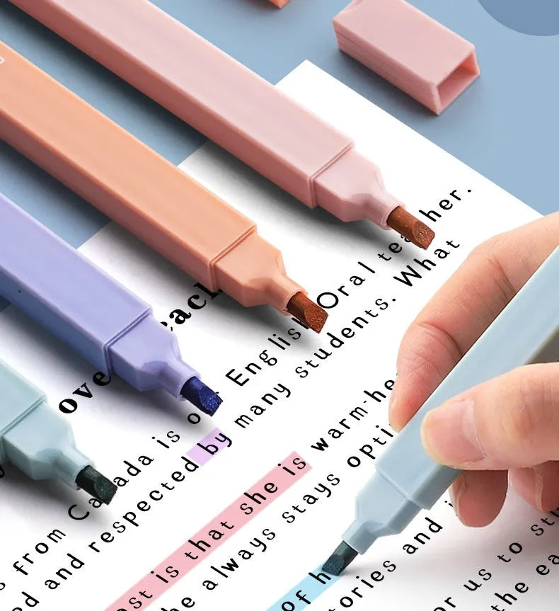 Pack of double-headed fluorescent marking pens showing both a broad and fine tip, with Salt series or Sweet series packaging.