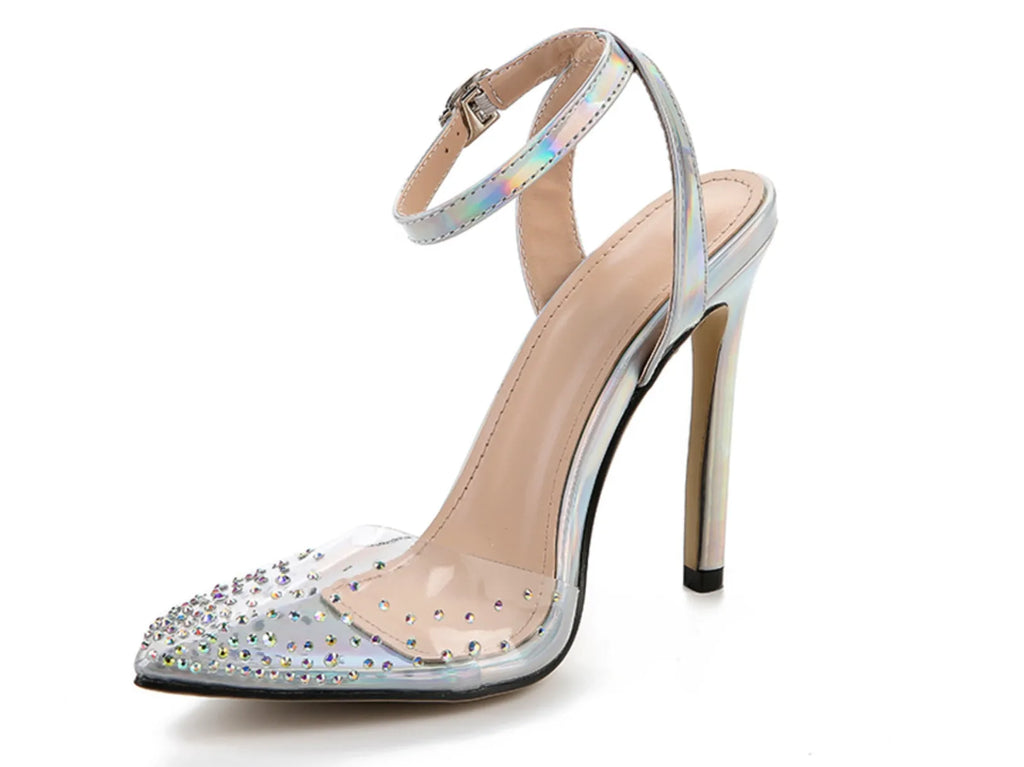 Women's pointed diamond sandals with stiletto heels in PVC material