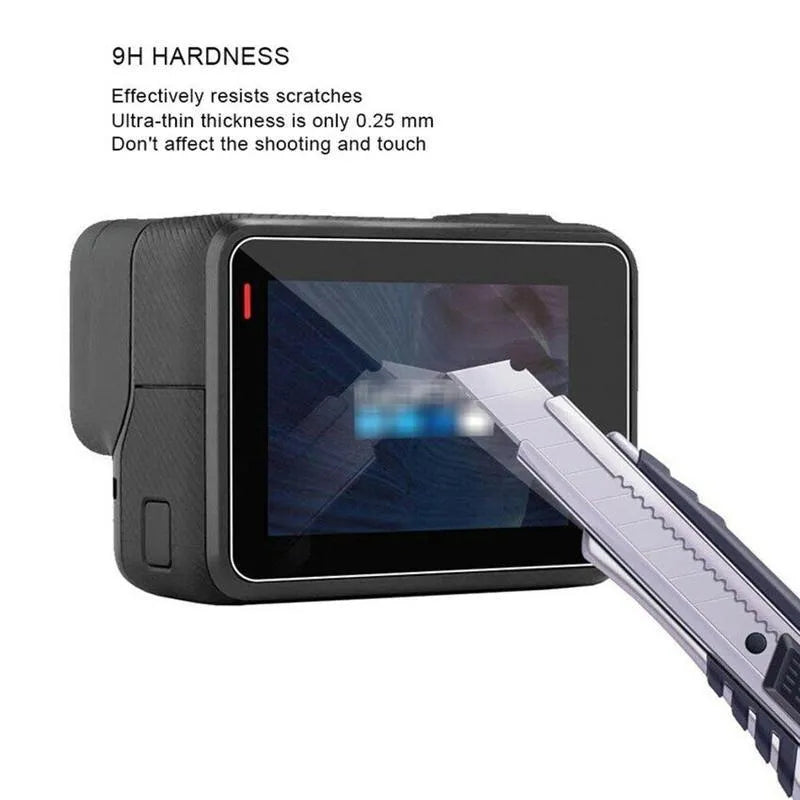 9H tempered glass protective film kit for GoPro Hero 5, 6, and 7 camera lens and LCD screen.