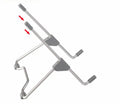 Grey aluminium mobile phone stand in folded and extended positions showing adjustable angle mechanism