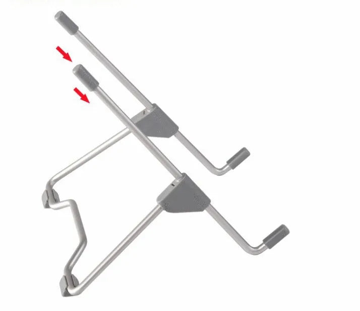 Grey aluminium mobile phone stand in folded and extended positions showing adjustable angle mechanism