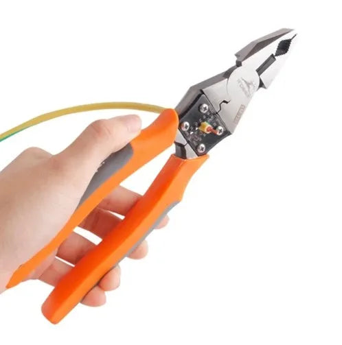 Orange 9-inch multi-function wire cutter pliers with chrome steel head and textured plastic handles