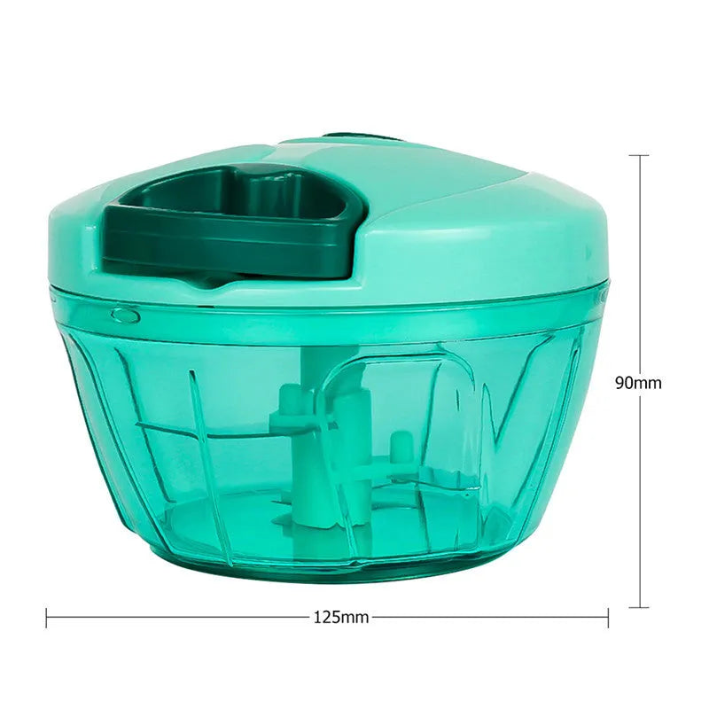 Manual kitchen chopper with stainless steel blades and green ABS plastic bowl