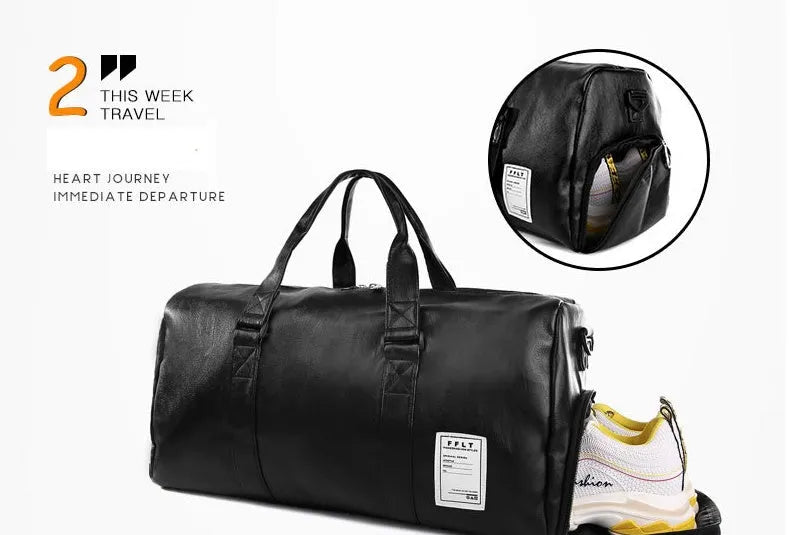 Black waterproof sports fitness bag with separate shoe compartments shown in two size options