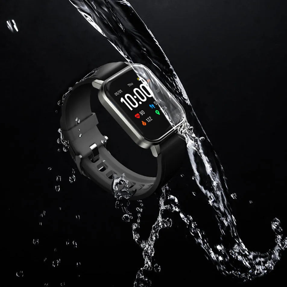Black waterproof smart bracelet with a 1.4-inch screen on a silicone strap, showing fitness tracking interface.