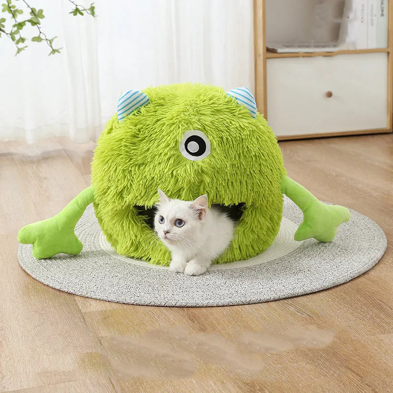 Fluffy round cat bed with non-slip base in three size options for indoor pets