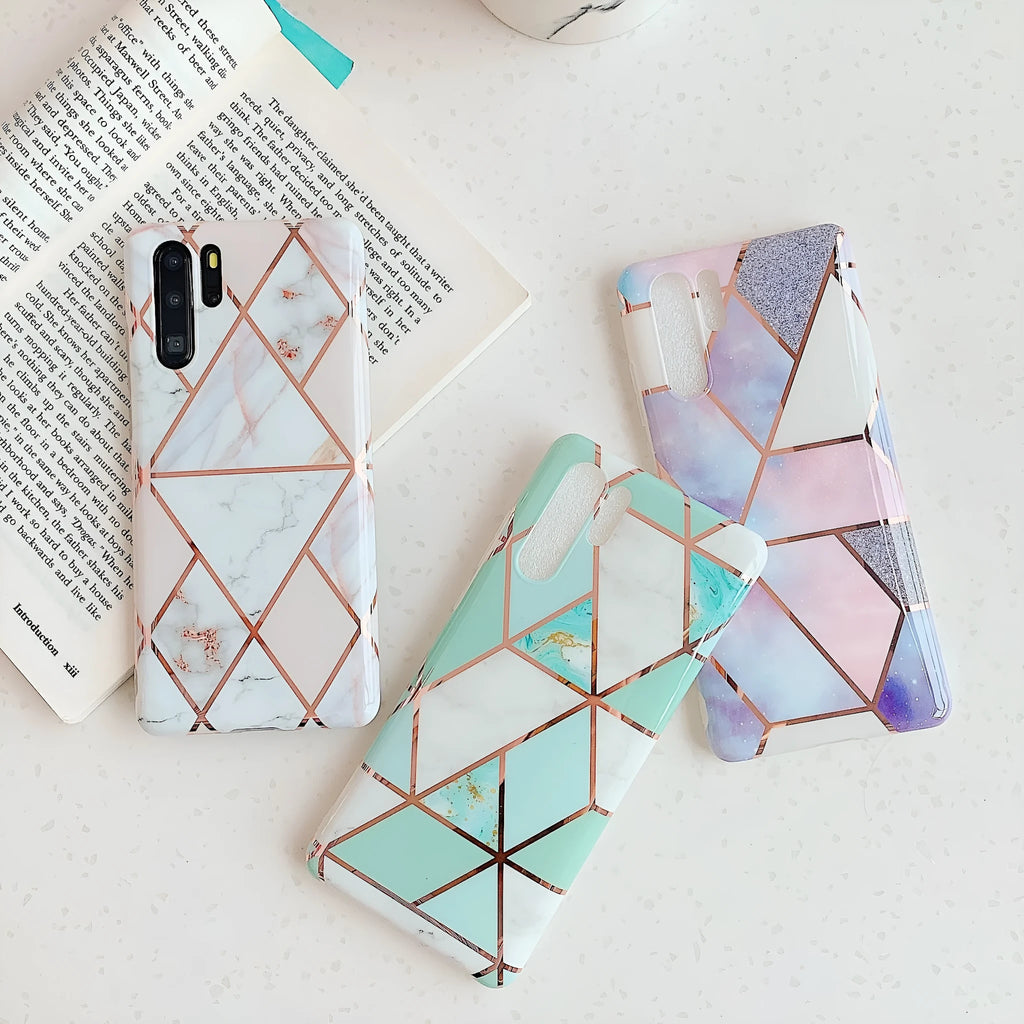 Electroplated marble pattern TPU back cover case for Huawei smartphones in various colours