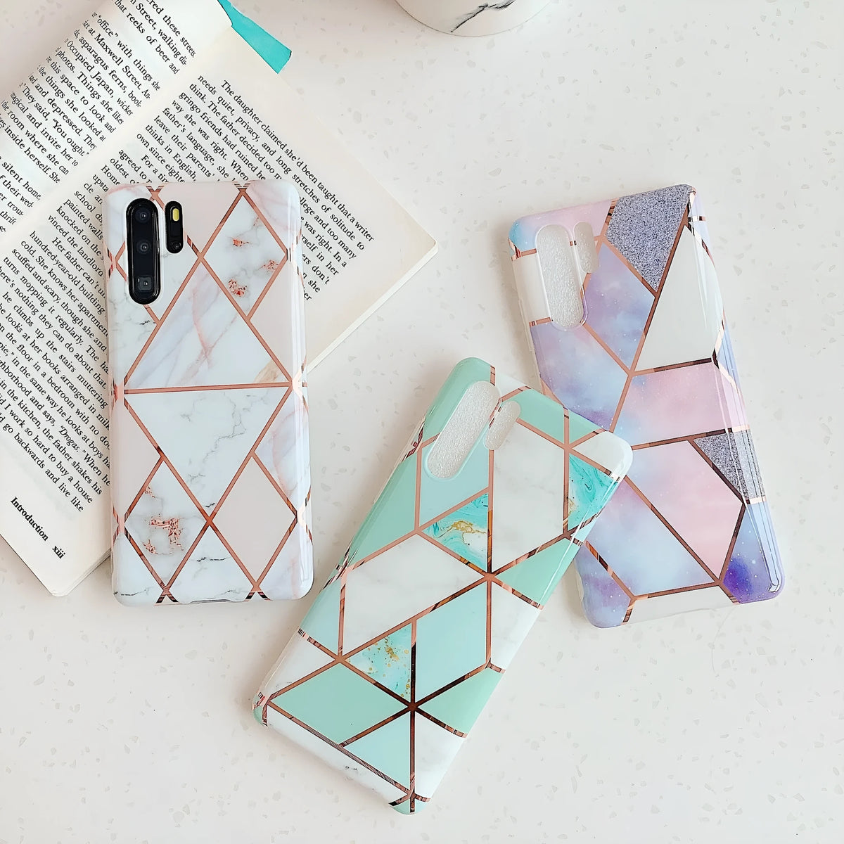 Electroplated marble pattern TPU back cover case for Huawei smartphones in various colours
