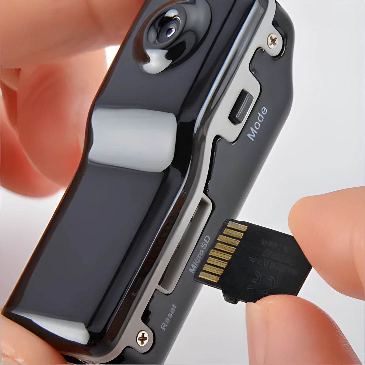 Black mini USB card camera with 720x480 video, 1280x1024 images, DC 5V charging, and MINI 5pin USB interface
