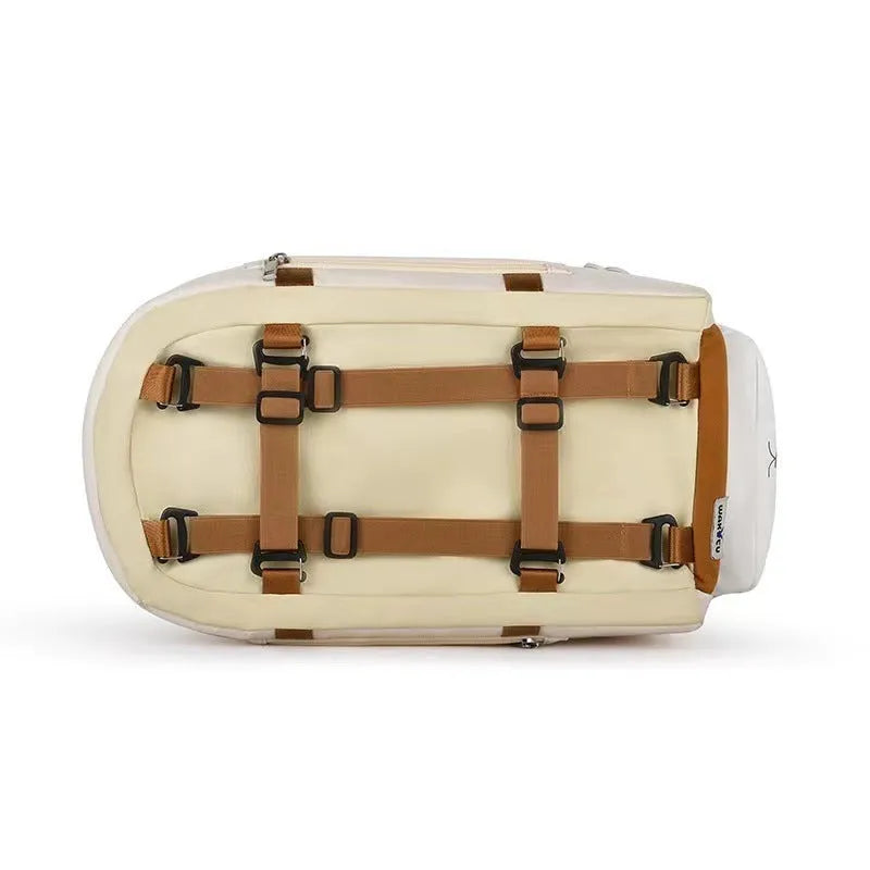 Hard-sided beige pet carrier with EPE padding measuring 43x25x22.5cm for pets under 15kg