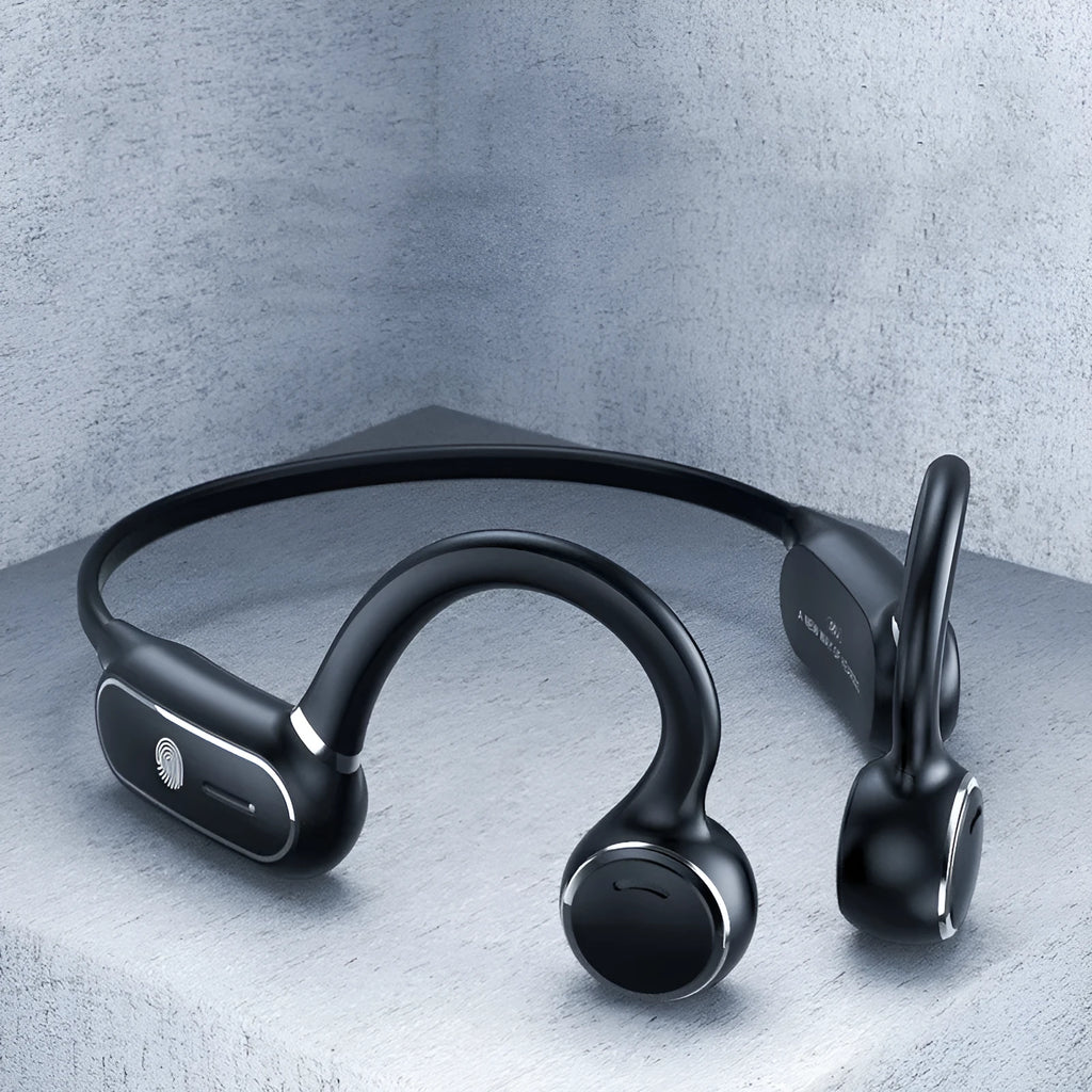 Black air conduction Bluetooth earphone with titanium alloy wire frame and ergonomic ear-hanging design
