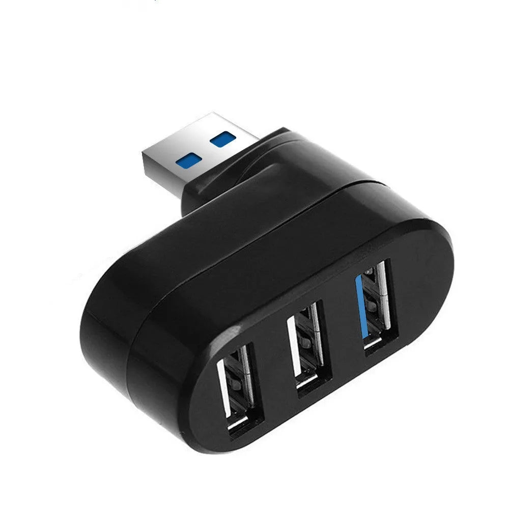 Black and white USB rotary splitter hub showing four USB 3.0 ports on a compact ABS plastic body