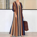 Camel colour vertical striped V-neck long dress with A-line skirt and long sleeves