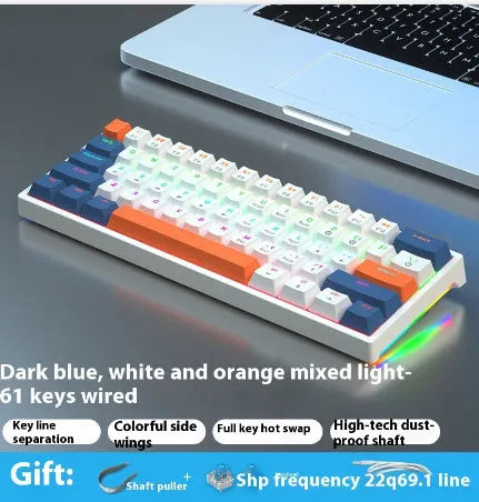 61 key compact mechanical keyboard with multiple colour options including blue-white and dark blue-white orange variants