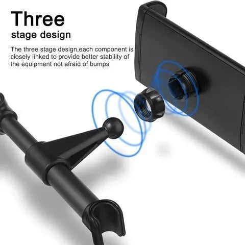 Black universal car phone holder mounted on car rear seat base with tablet in cradle