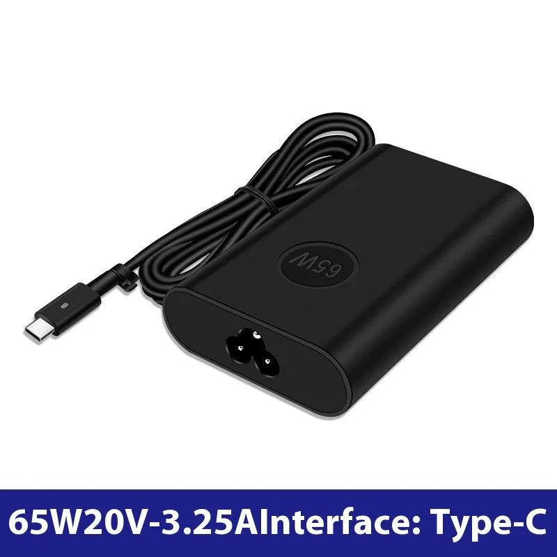 Black oval USB-C 65W laptop power adapter with international plug compatibility