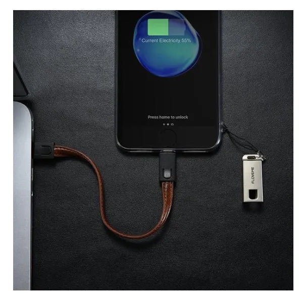 20cm iPhone charging cable with leather wrapping and zinc alloy connector in black, brown or red