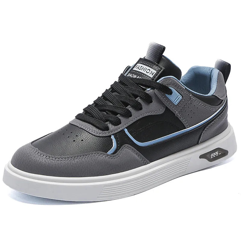 Men's low-top canvas board shoes in black with leather stitching and mesh lining.