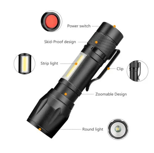Black mini telescopic aluminium LED flashlight with adjustable focus and pocket clip