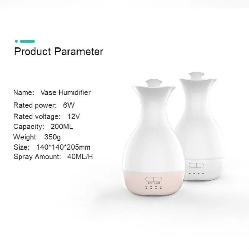 White ultrasonic aromatherapy vase with 200ml capacity, night light, and timer controls for home fragrance diffusion