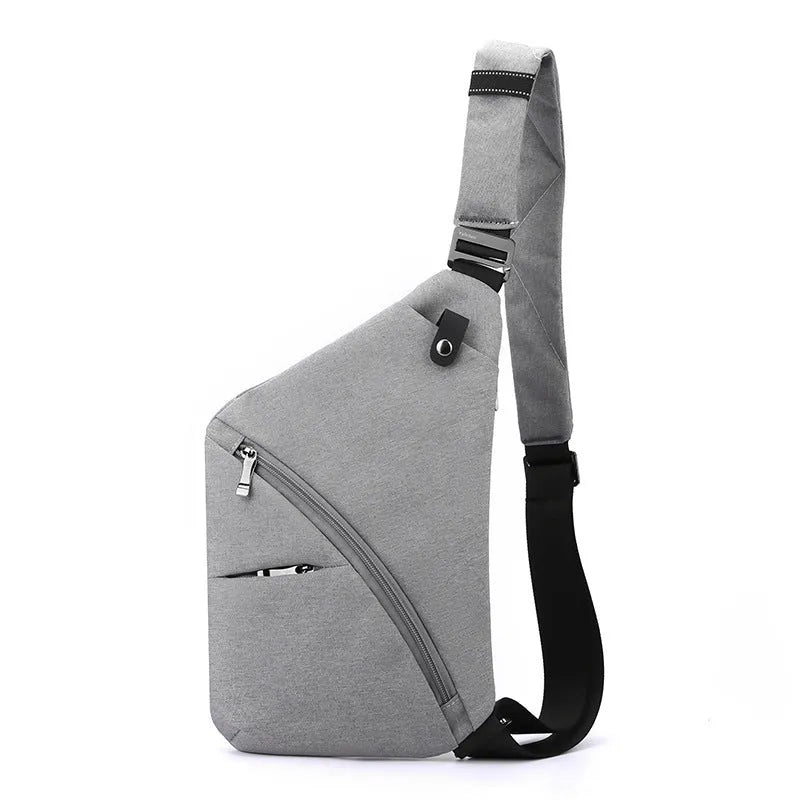 Men's oxford cloth chest bag in black or grey with left or right shoulder carrying options