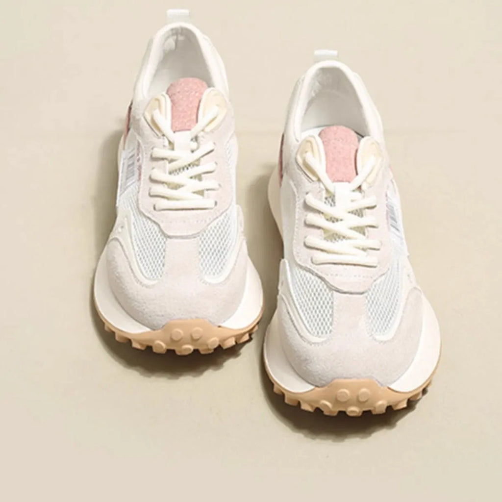 Women's grey and pink low-top retro sneakers with round toe and flat heel design