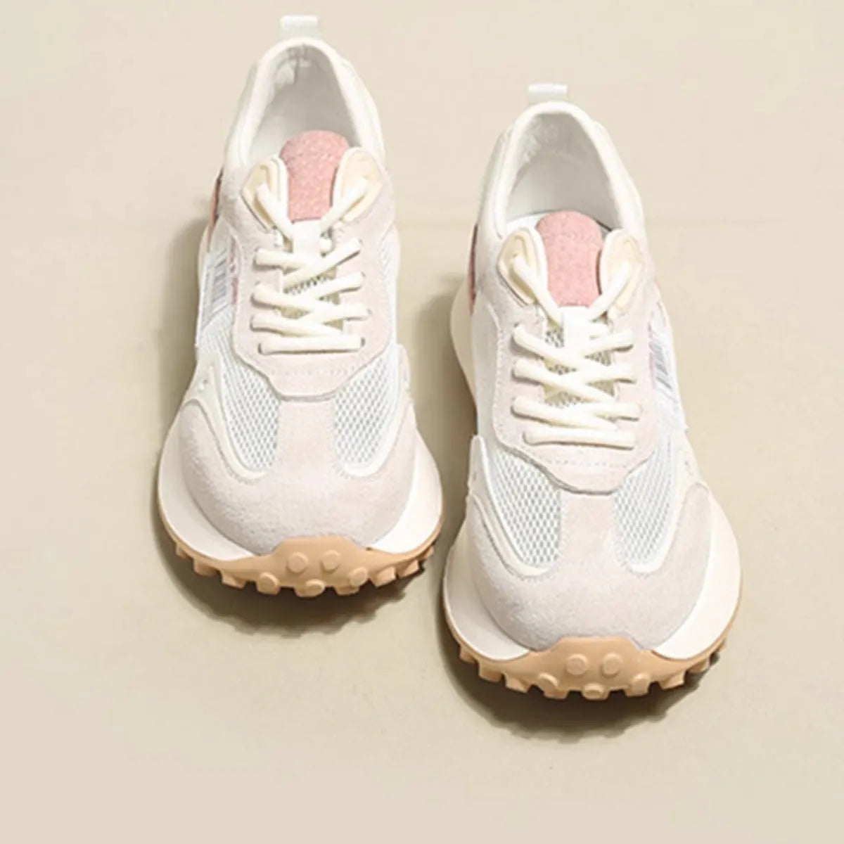 Women's grey and pink low-top retro sneakers with round toe and flat heel design