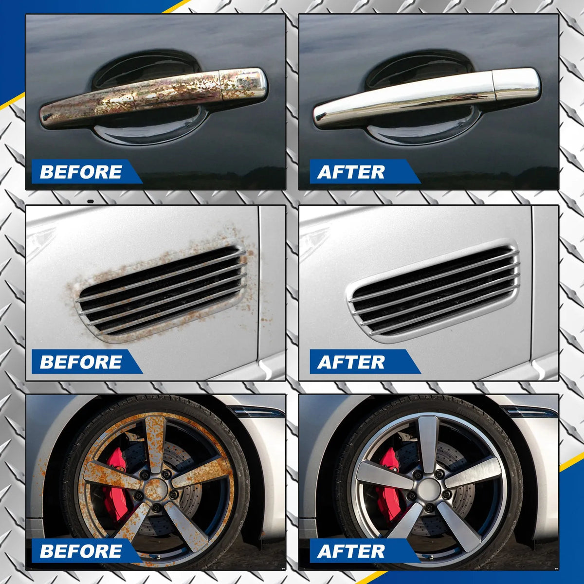 Automotive iron powder rust remover spray with blue square sponge and towel applicator options