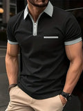 Men's loose fit short sleeve casual shirt with chest pocket and front zipper decoration.