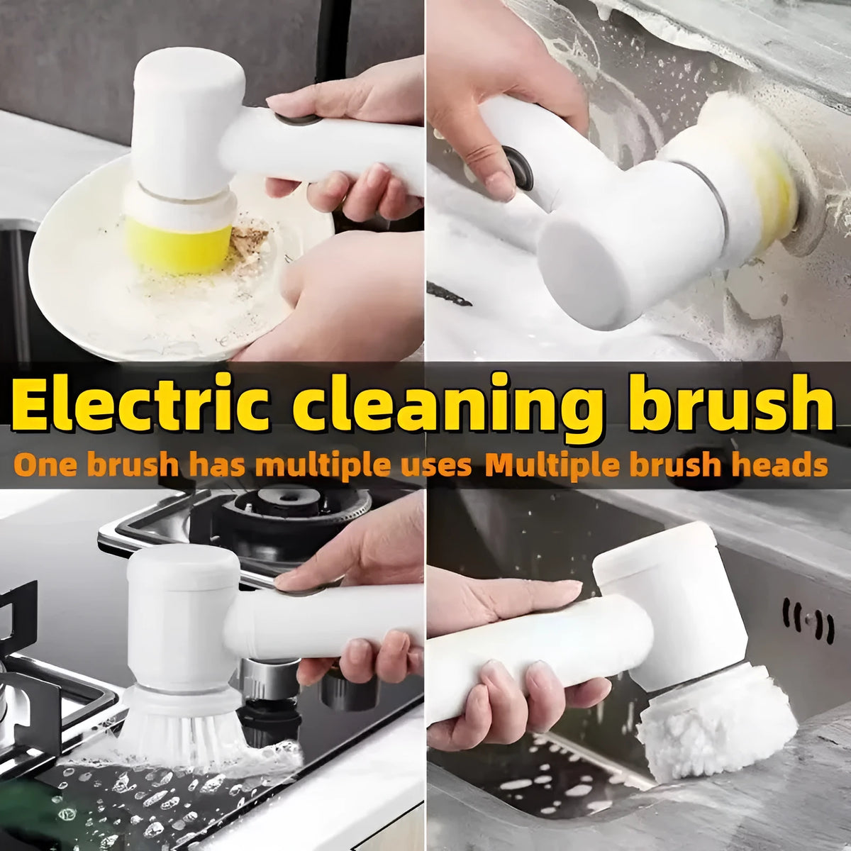 White 5-in-1 electric cleaning brush with three interchangeable heads, cordless hand-held scrubber for tub and sink