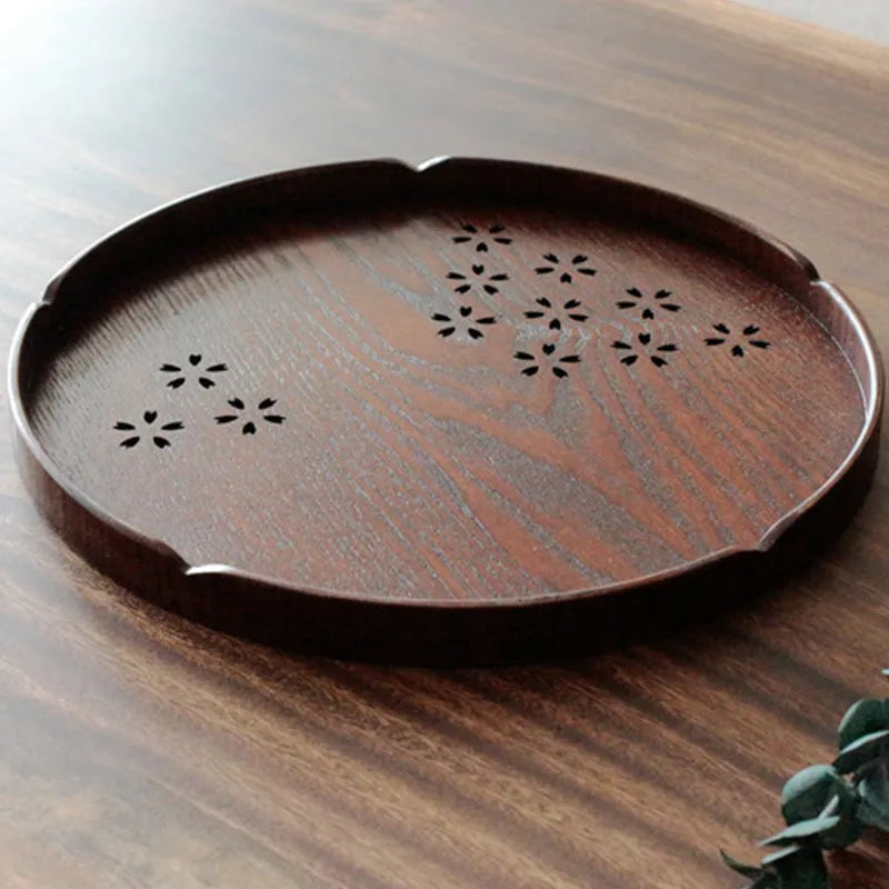 30cm wood serving tray with hollow cherry blossom pattern for dessert and fruit presentation