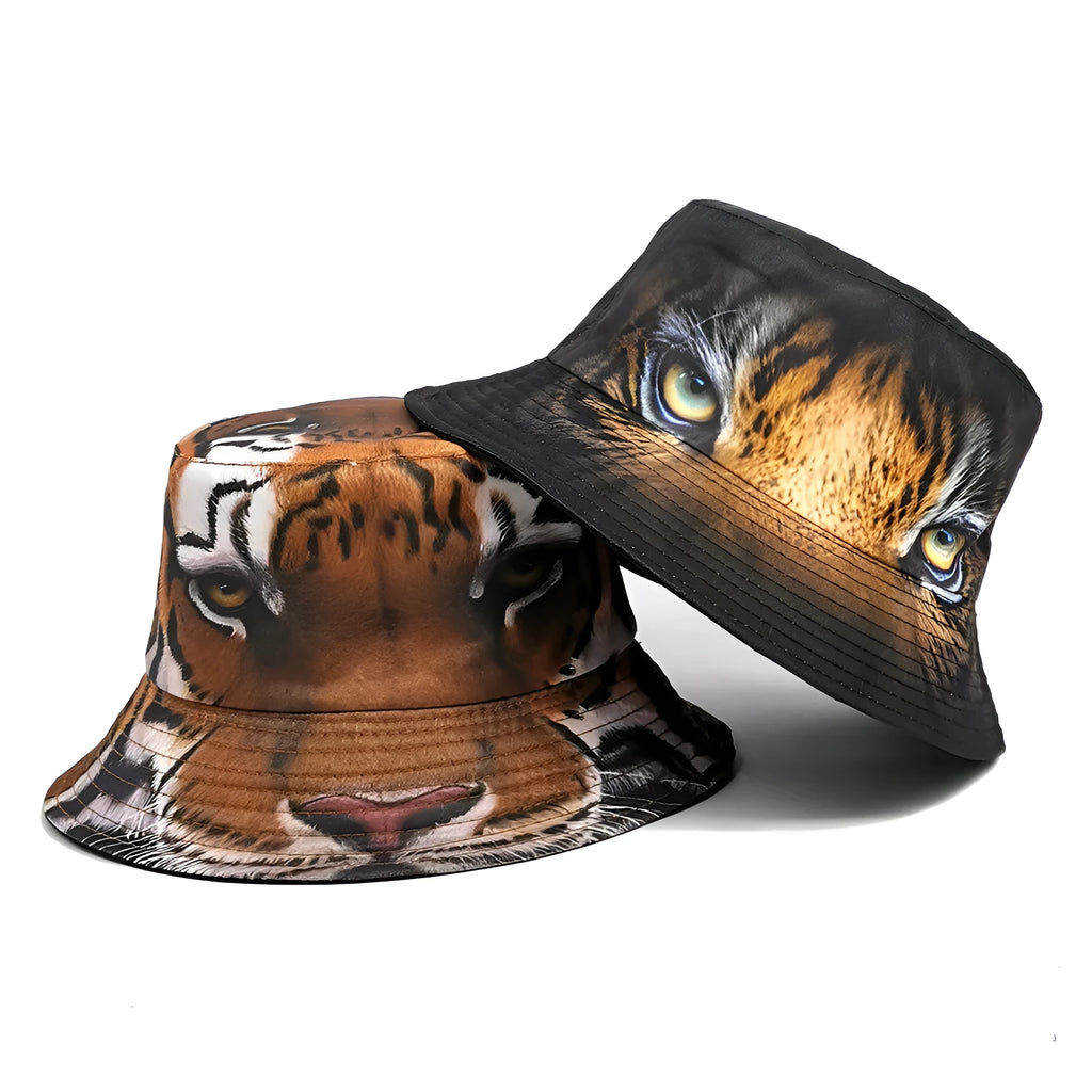 Khaki tiger print bucket hat with domed crown on a neutral background.