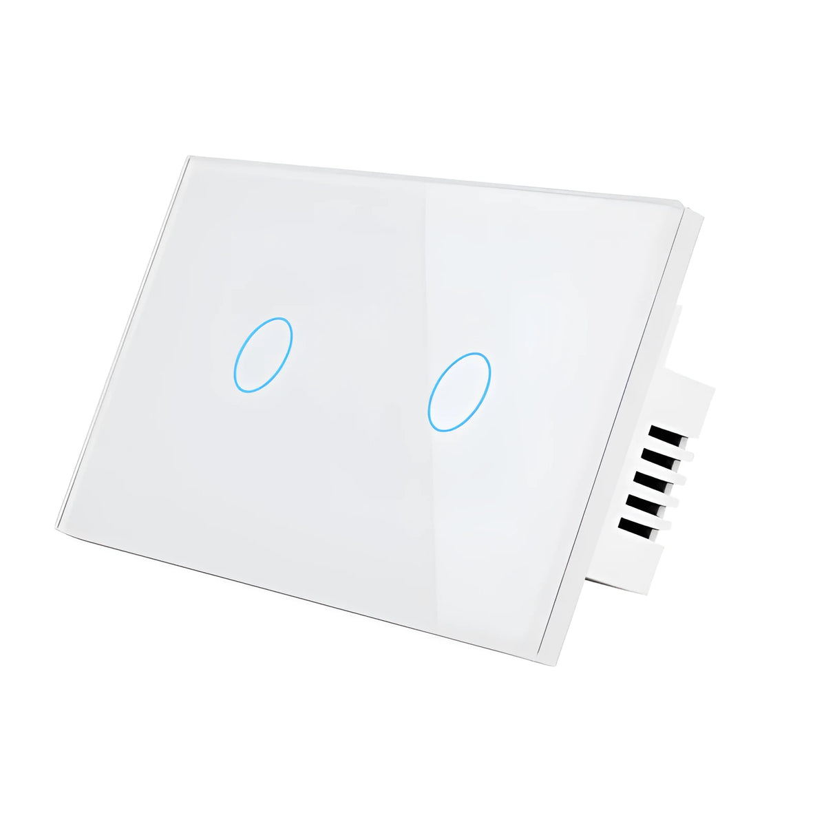 White 2-gang RF remote control wall switch with tempered glass touch panel and LED indicators