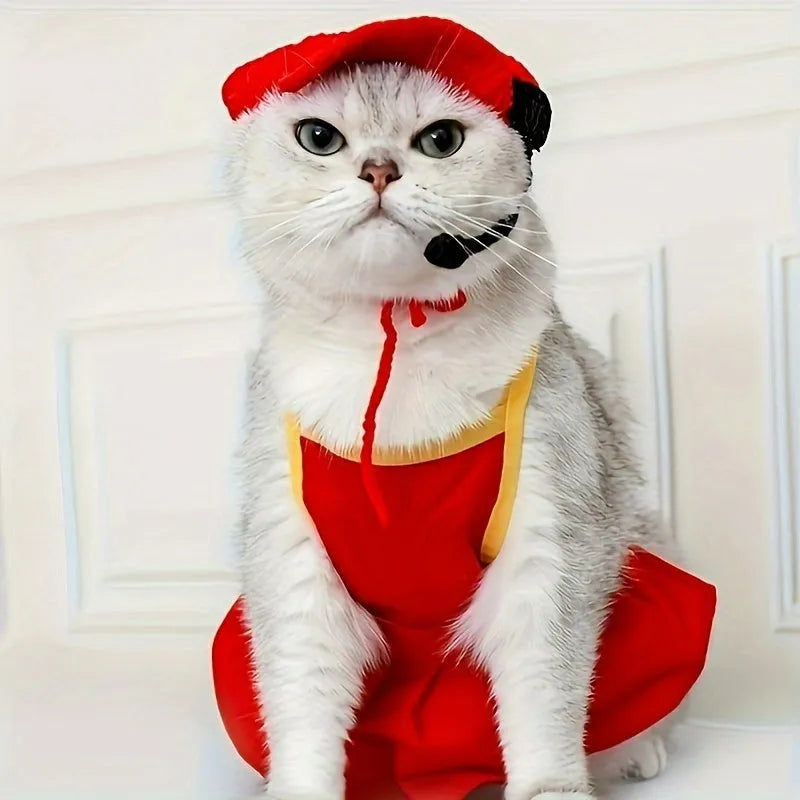 Handmade cotton chef hat and matching knitted sweater costume on a small cat for a birthday celebration