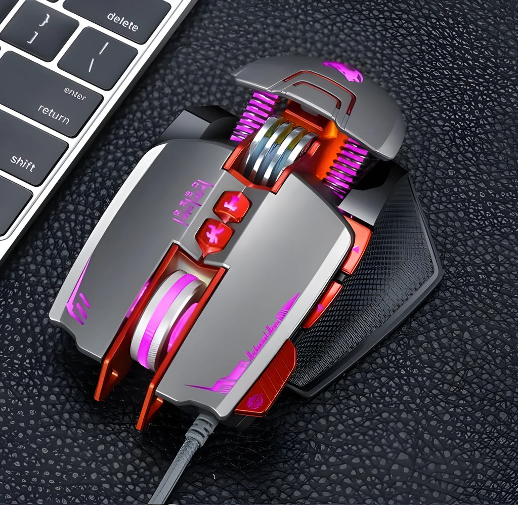 Thunder Wolf V9 black and grey wired gaming mouse with six side buttons on desktop.