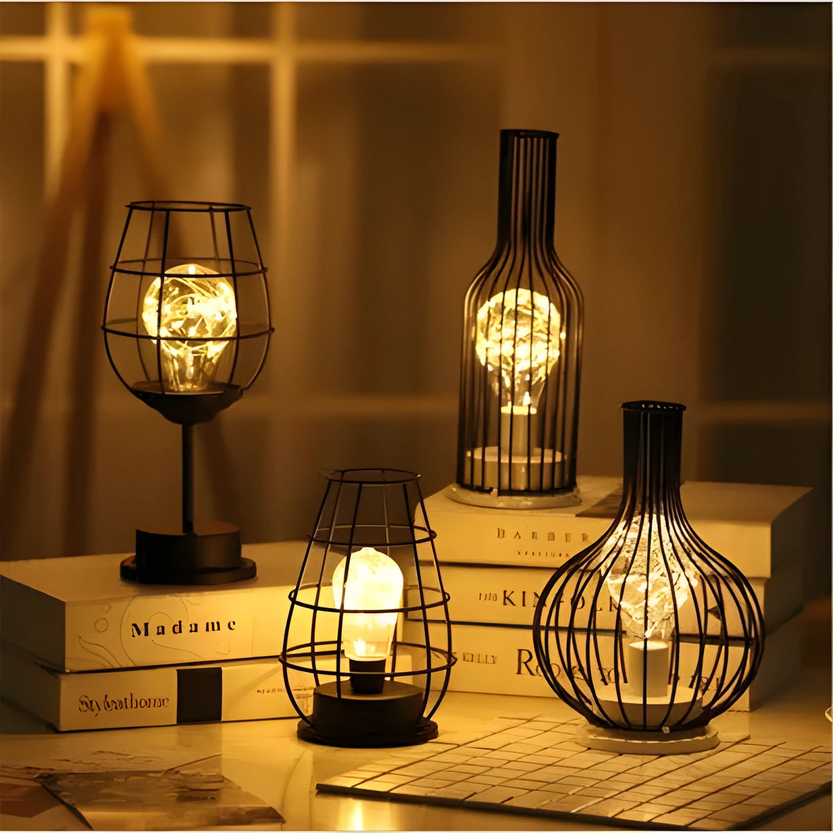 Iron hollow table lamp in bottle style with warm white LED illumination
