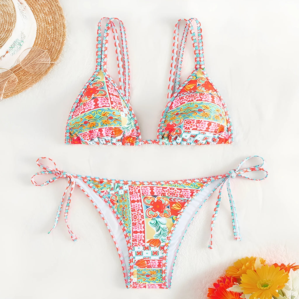 Women's lace-up split backless swimsuit bikini set in polyester with spandex lining