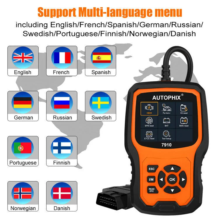 Autophix 7910 BMW diagnostic tool with display showing fault codes and connection cable