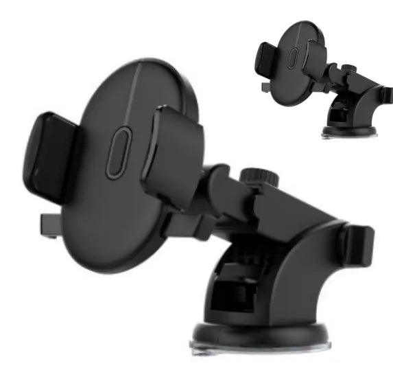 Yellow car phone holder with telescopic arm and suction cup mounted on dashboard showing 360-degree rotation