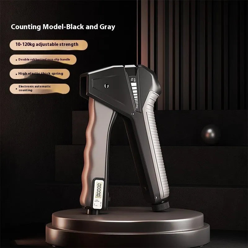 Adjustable hand gripper exercise equipment showing resistance settings from 5 to 60 with colour-coded mechanical display