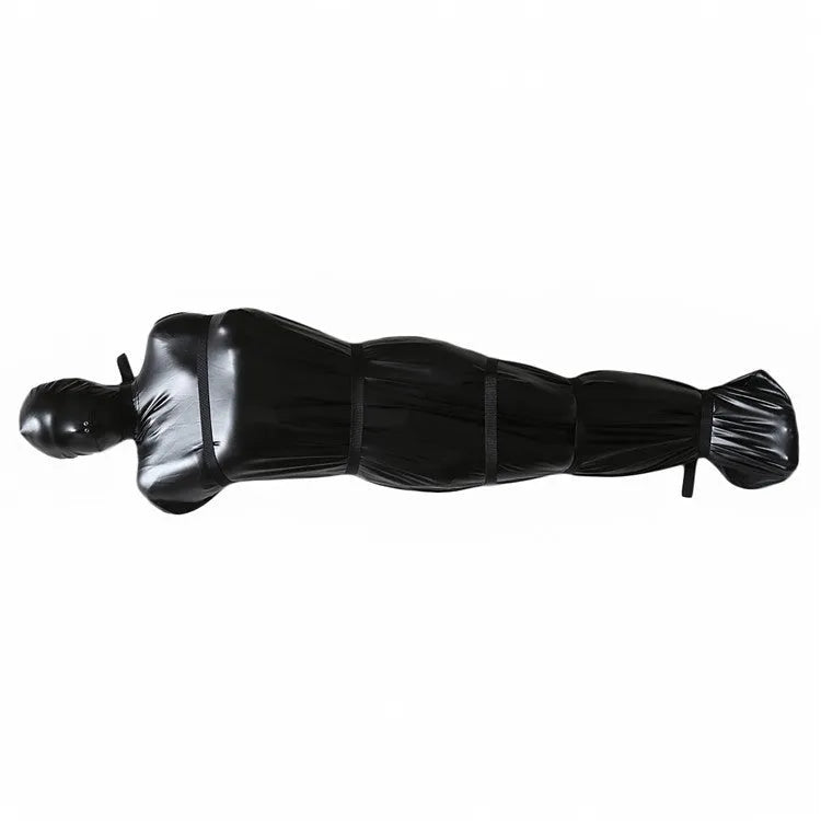 Black patent leather bondage set showing full body wrap and six ratchet tie-down straps arranged together